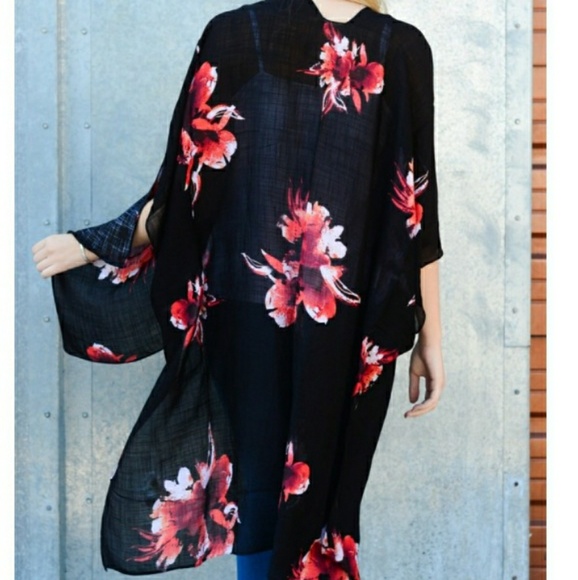 3 Left! Black Floral Print Kimono with Armholes - Picture 4 of 6